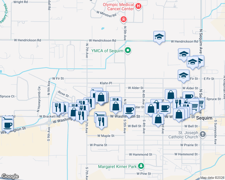 map of restaurants, bars, coffee shops, grocery stores, and more near 325 North 5th Avenue in Sequim