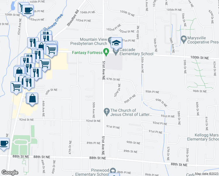map of restaurants, bars, coffee shops, grocery stores, and more near 9531 51st Avenue Northeast in Marysville
