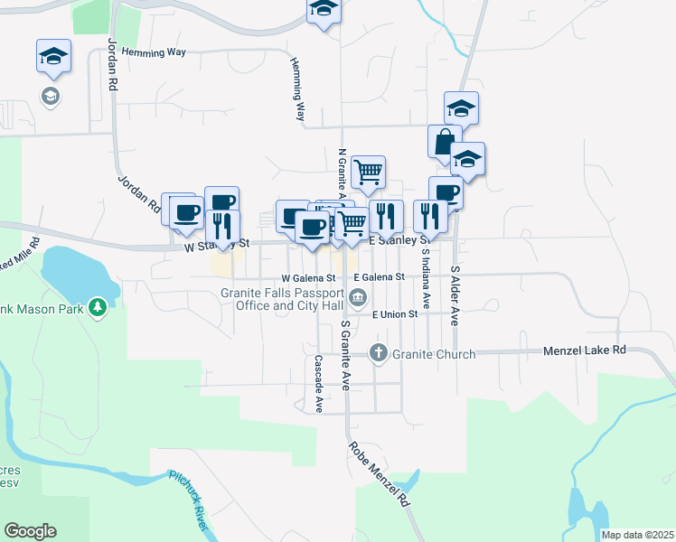 map of restaurants, bars, coffee shops, grocery stores, and more near 116 South Granite Avenue in Granite Falls