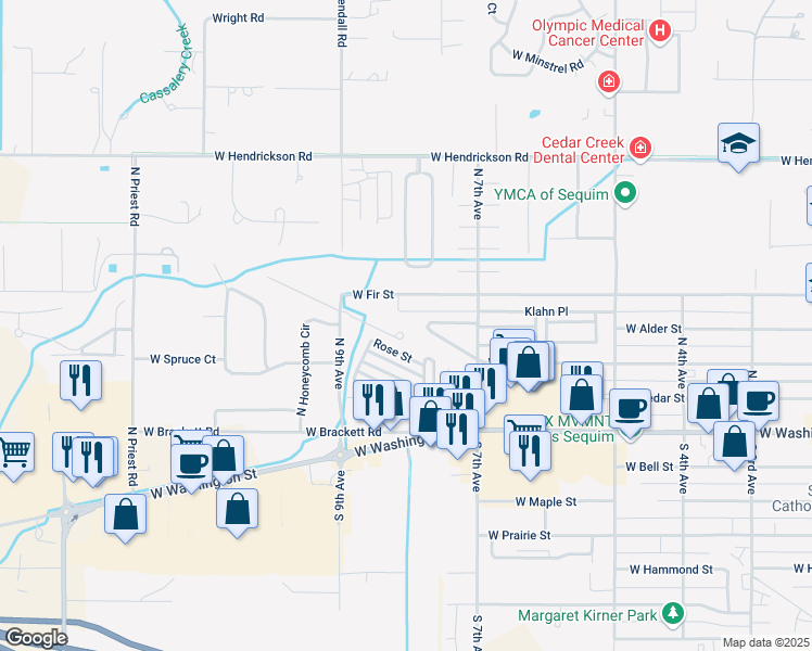 map of restaurants, bars, coffee shops, grocery stores, and more near 416 Klahn Place in Sequim