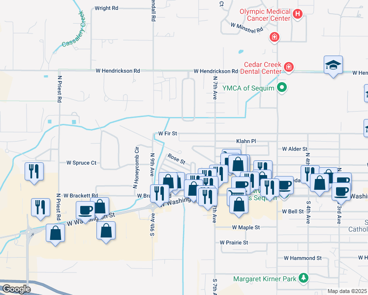 map of restaurants, bars, coffee shops, grocery stores, and more near 416 Klahn Place in Sequim
