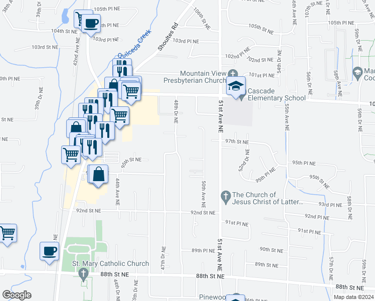map of restaurants, bars, coffee shops, grocery stores, and more near 9603 48th Drive Northeast in Marysville