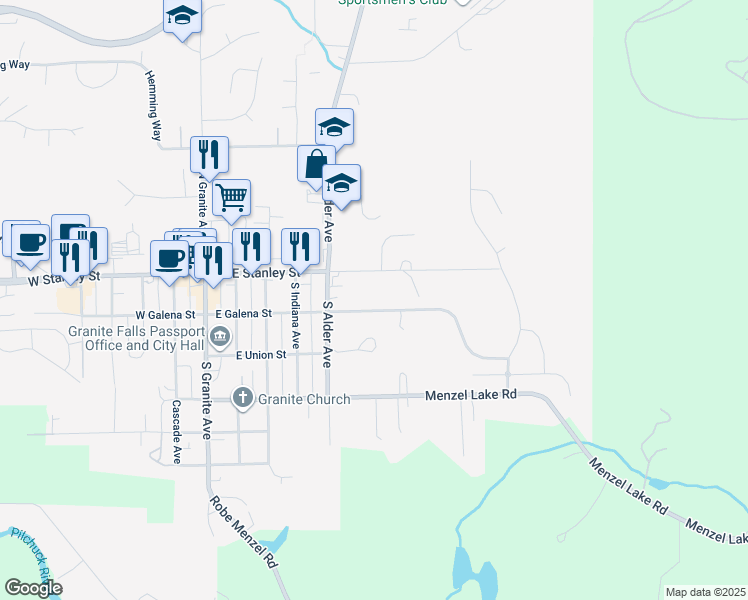 map of restaurants, bars, coffee shops, grocery stores, and more near 611 East Galena Street in Granite Falls