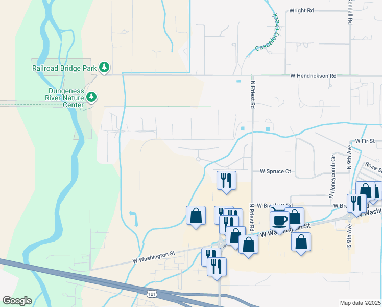 map of restaurants, bars, coffee shops, grocery stores, and more near 121 West Lobelia Drive in Sequim
