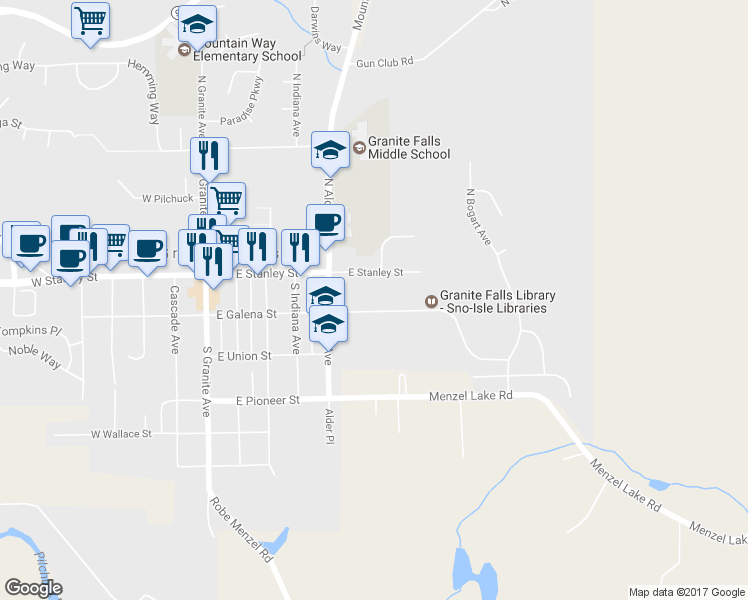 map of restaurants, bars, coffee shops, grocery stores, and more near 611 East Galena Street in Granite Falls