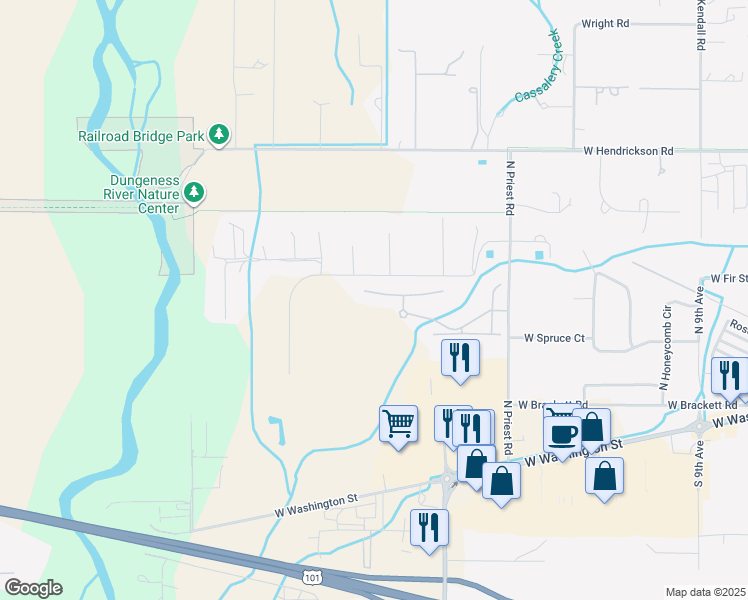 map of restaurants, bars, coffee shops, grocery stores, and more near 121 West Lobelia Drive in Sequim