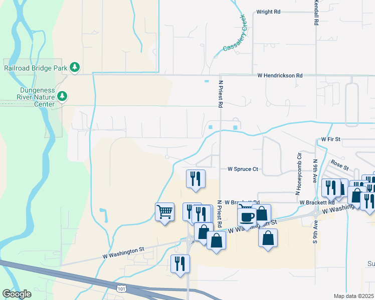 map of restaurants, bars, coffee shops, grocery stores, and more near 150 East Lobelia Drive in Sequim