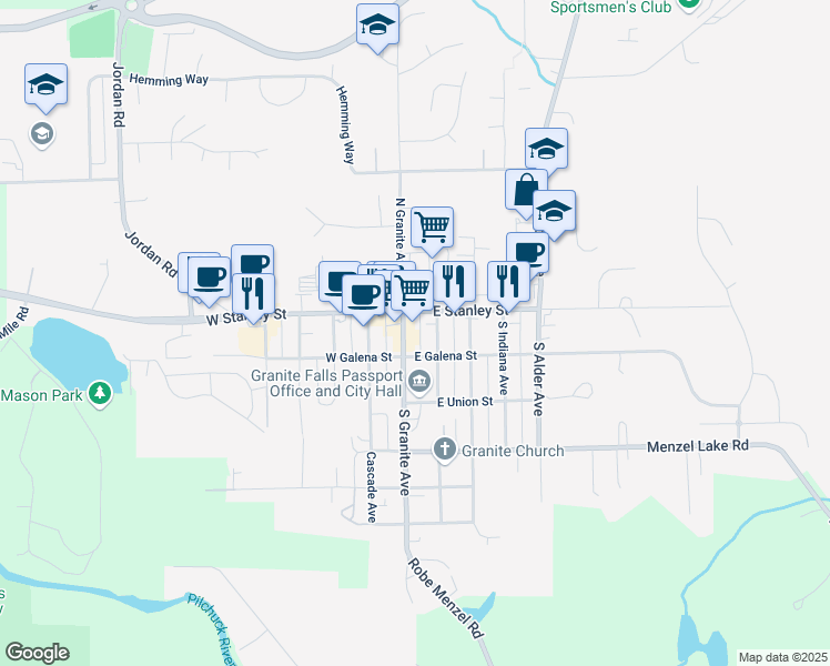 map of restaurants, bars, coffee shops, grocery stores, and more near 116 South Granite Avenue in Granite Falls