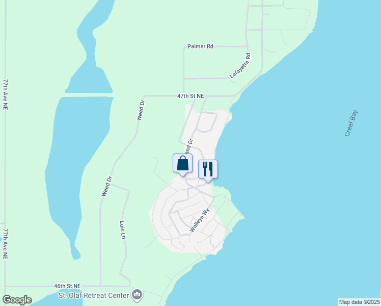 map of restaurants, bars, coffee shops, grocery stores, and more near 245-313 Woodland Drive in Devils Lake