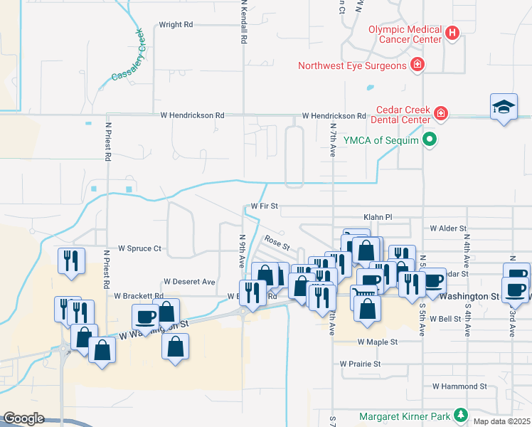 map of restaurants, bars, coffee shops, grocery stores, and more near 860 West Tommy Court in Sequim