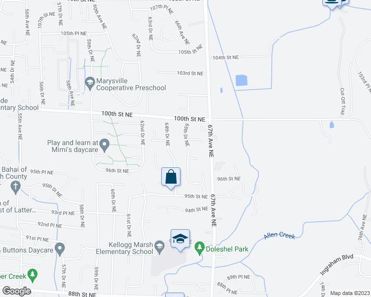 map of restaurants, bars, coffee shops, grocery stores, and more near 9802 65th Drive Northeast in Marysville