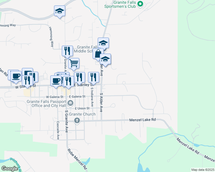 map of restaurants, bars, coffee shops, grocery stores, and more near 506 East Stanley Street in Granite Falls