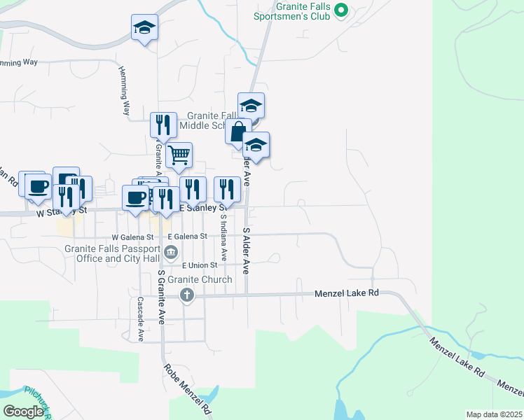 map of restaurants, bars, coffee shops, grocery stores, and more near 508 East Stanley Street in Granite Falls