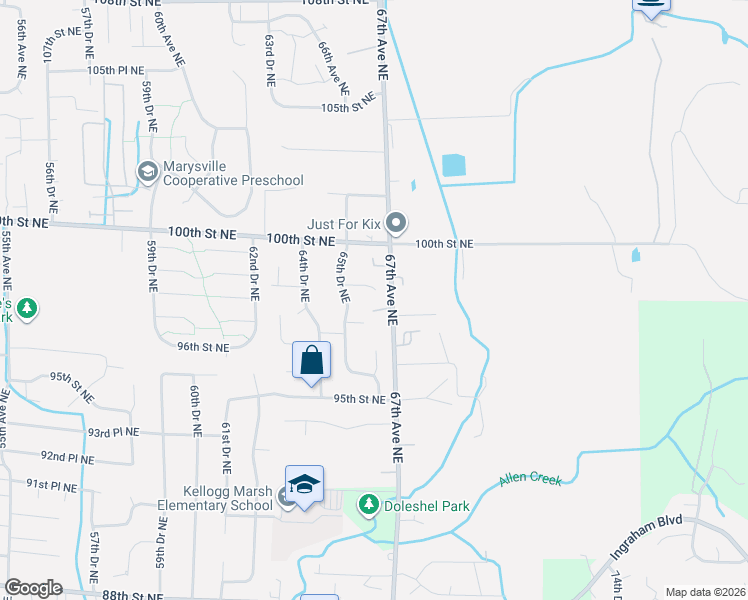 map of restaurants, bars, coffee shops, grocery stores, and more near 9902 67th Avenue Northeast in Marysville