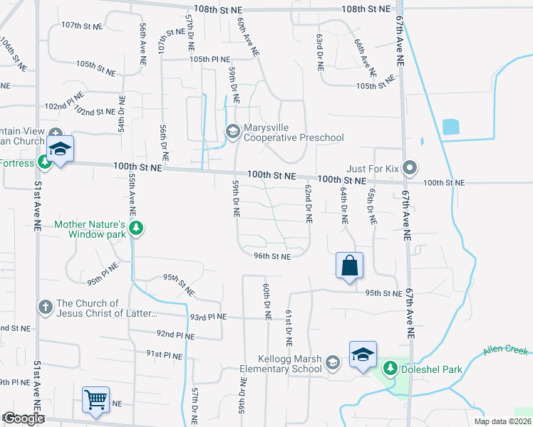 map of restaurants, bars, coffee shops, grocery stores, and more near 6104 99th Street Northeast in Marysville