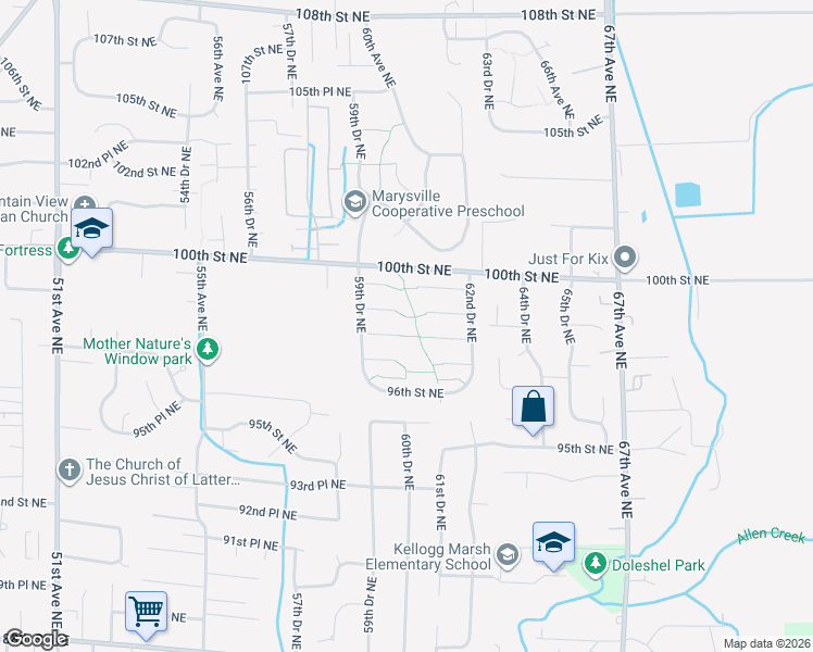 map of restaurants, bars, coffee shops, grocery stores, and more near 6104 99th Street Northeast in Marysville