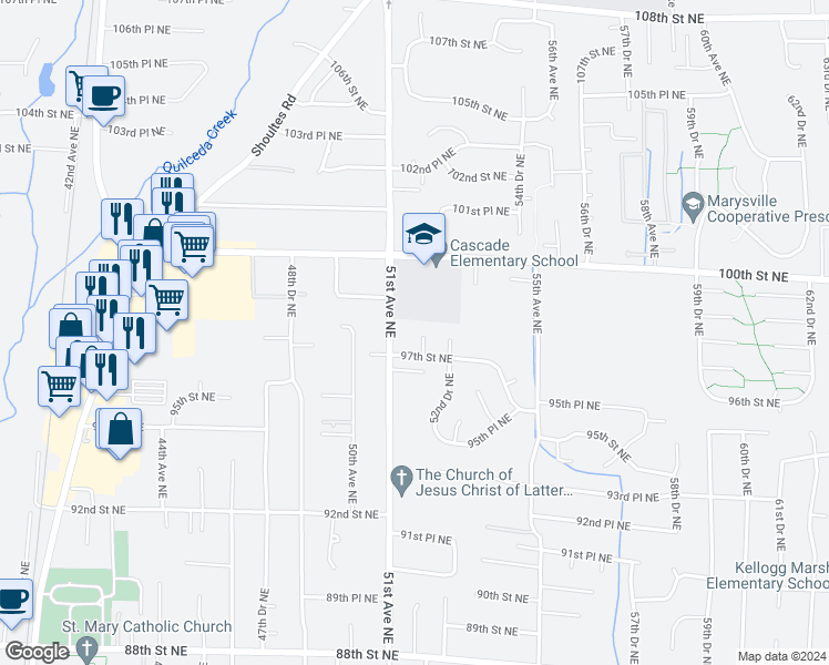 map of restaurants, bars, coffee shops, grocery stores, and more near 9720 52nd Avenue Northeast in Marysville