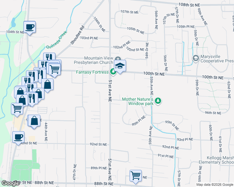 map of restaurants, bars, coffee shops, grocery stores, and more near 9720 52nd Avenue Northeast in Marysville