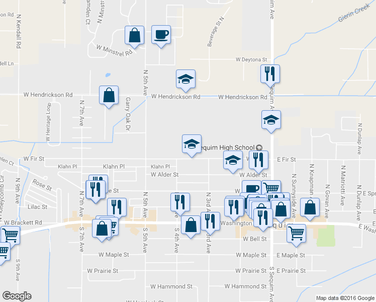 map of restaurants, bars, coffee shops, grocery stores, and more near 350 W Fir St in Sequim