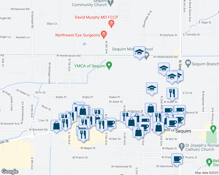 map of restaurants, bars, coffee shops, grocery stores, and more near 520 North 5th Avenue in Sequim