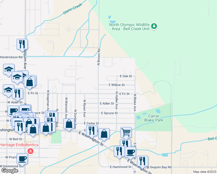 map of restaurants, bars, coffee shops, grocery stores, and more near 841 East Willow Street in Sequim