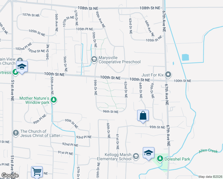 map of restaurants, bars, coffee shops, grocery stores, and more near 6104 99th Street Northeast in Marysville