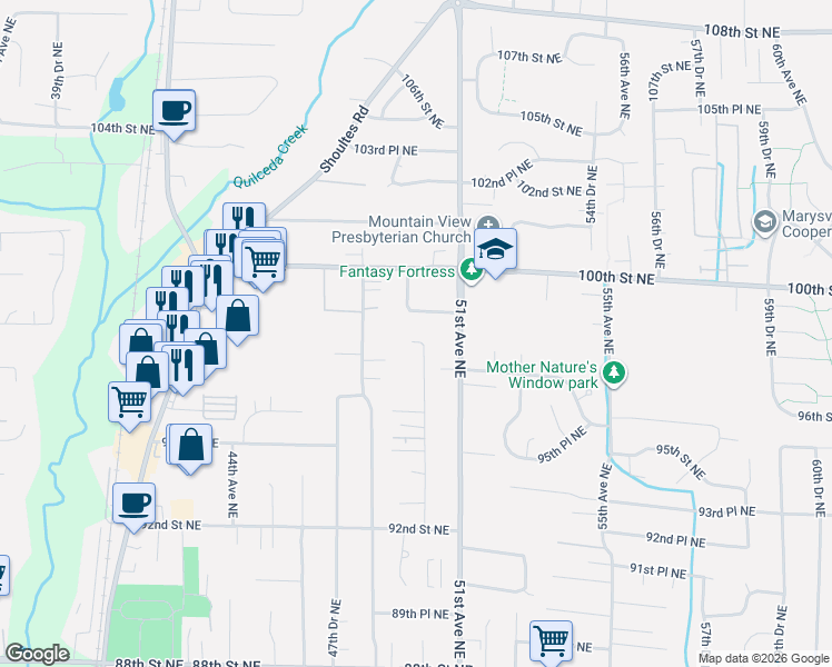 map of restaurants, bars, coffee shops, grocery stores, and more near 9720 50th Avenue Northeast in Marysville