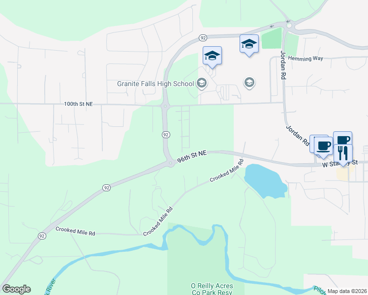 map of restaurants, bars, coffee shops, grocery stores, and more near 9514 Raybird Avenue in Granite Falls