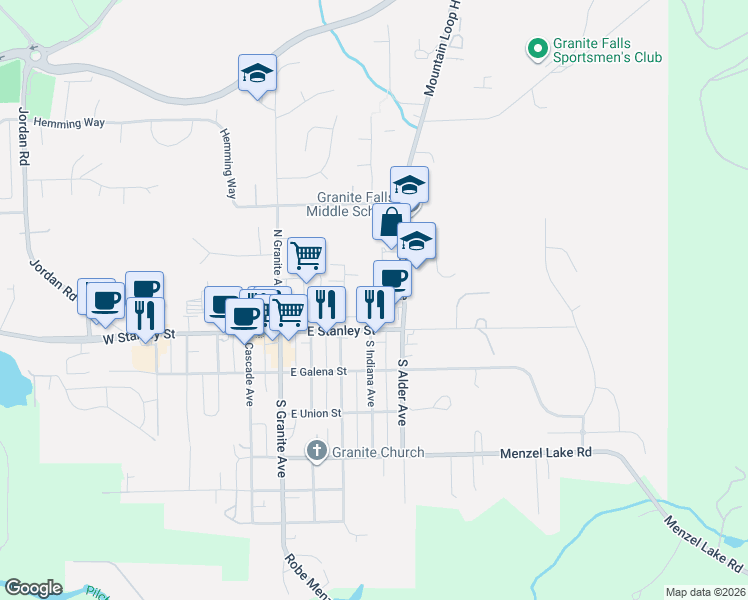 map of restaurants, bars, coffee shops, grocery stores, and more near 116 North Indiana Avenue in Granite Falls