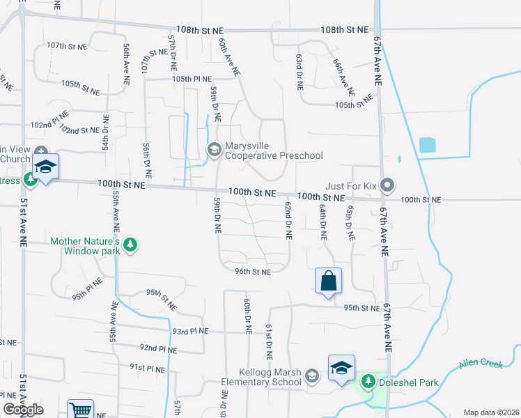 map of restaurants, bars, coffee shops, grocery stores, and more near 6112 99th Pl NE in Marysville