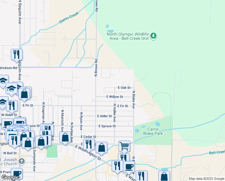 map of restaurants, bars, coffee shops, grocery stores, and more near 901 East Willow Street in Sequim