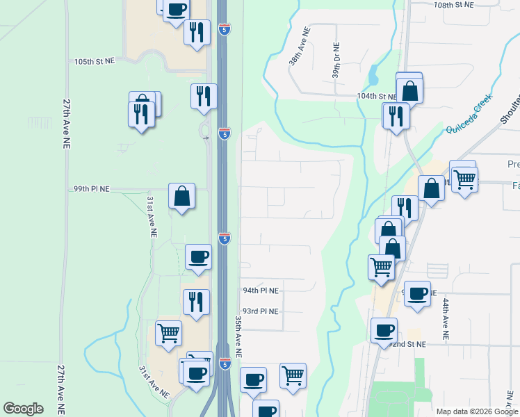 map of restaurants, bars, coffee shops, grocery stores, and more near 3726 99th Place Northeast in Marysville