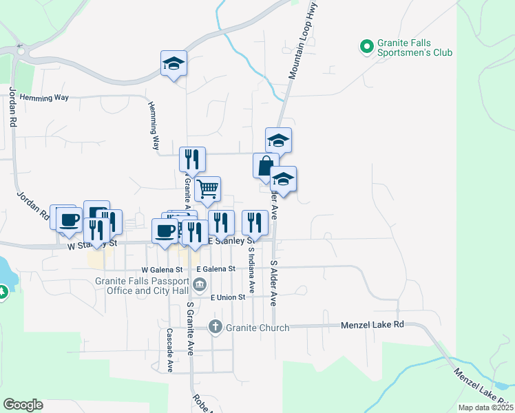 map of restaurants, bars, coffee shops, grocery stores, and more near 302 North Alder Avenue in Granite Falls