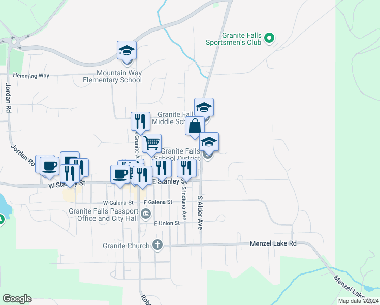 map of restaurants, bars, coffee shops, grocery stores, and more near 302 North Alder Avenue in Granite Falls