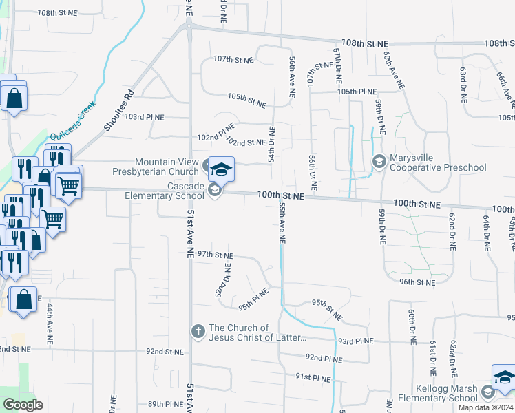 map of restaurants, bars, coffee shops, grocery stores, and more near 5320 100th Street Northeast in Marysville