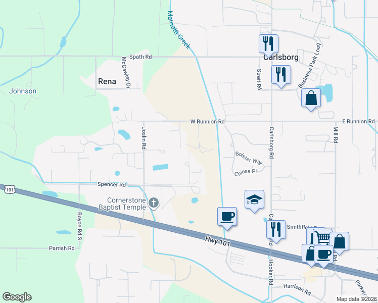 map of restaurants, bars, coffee shops, grocery stores, and more near 499 Spencer Road in Sequim