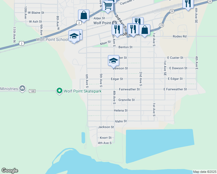 map of restaurants, bars, coffee shops, grocery stores, and more near 412 Fairweather Street in Wolf Point