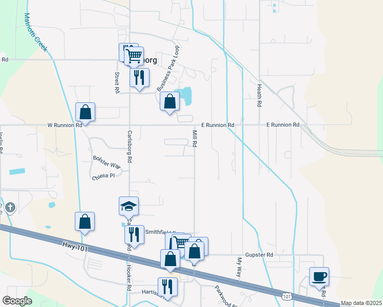 map of restaurants, bars, coffee shops, grocery stores, and more near 491 Mill Road in Sequim