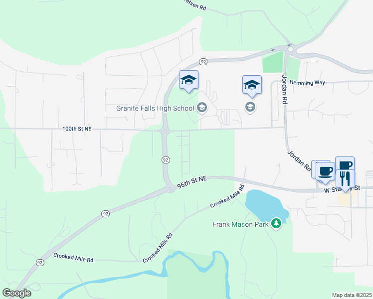 map of restaurants, bars, coffee shops, grocery stores, and more near 9725 Raybird Avenue in Granite Falls
