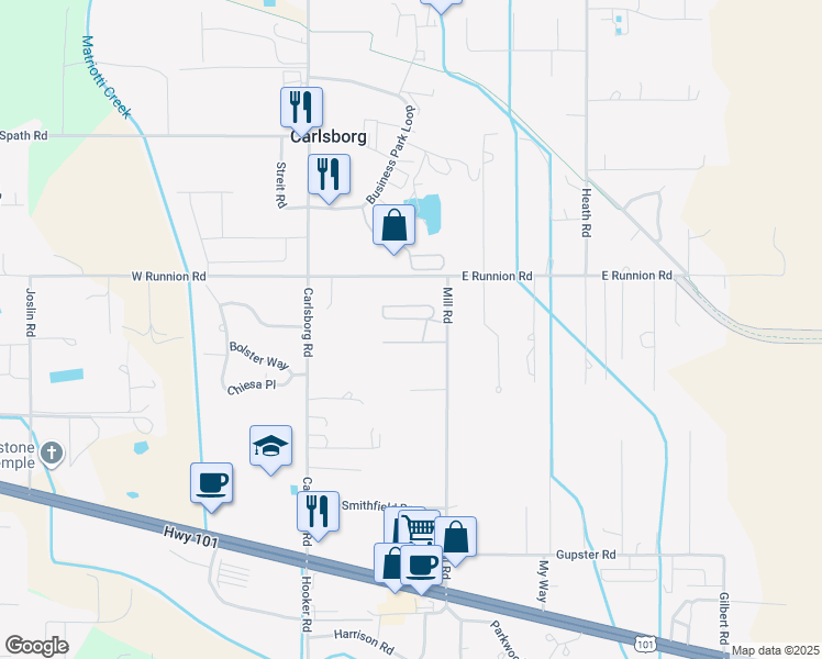 map of restaurants, bars, coffee shops, grocery stores, and more near 491 Mill Road in Sequim