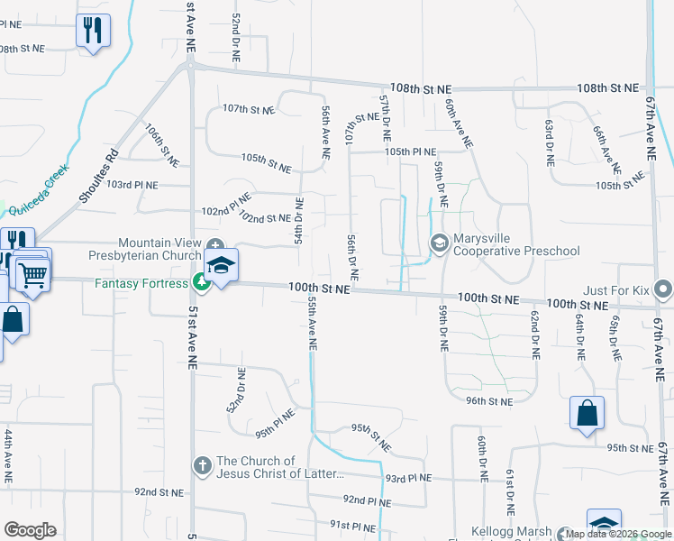 map of restaurants, bars, coffee shops, grocery stores, and more near 10032 56th Avenue Northeast in Marysville