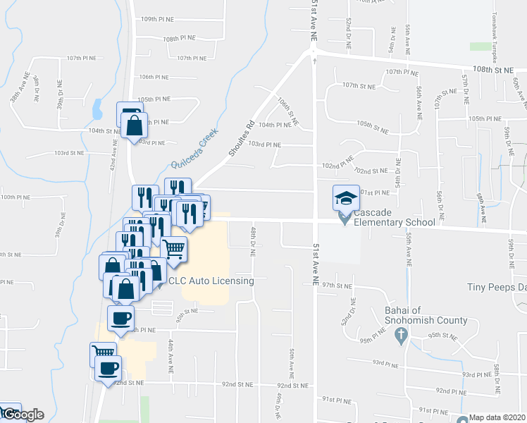 map of restaurants, bars, coffee shops, grocery stores, and more near 9925 48th Drive Northeast in Marysville