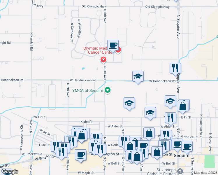 map of restaurants, bars, coffee shops, grocery stores, and more near 610 N 5th Ave in Sequim