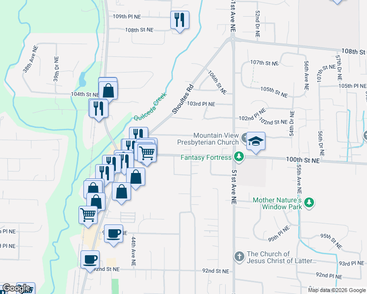 map of restaurants, bars, coffee shops, grocery stores, and more near 4807 101st Place Northeast in Marysville
