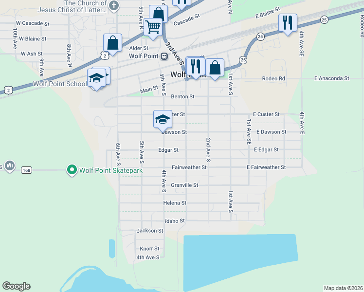 map of restaurants, bars, coffee shops, grocery stores, and more near 225 Dawson Street in Wolf Point