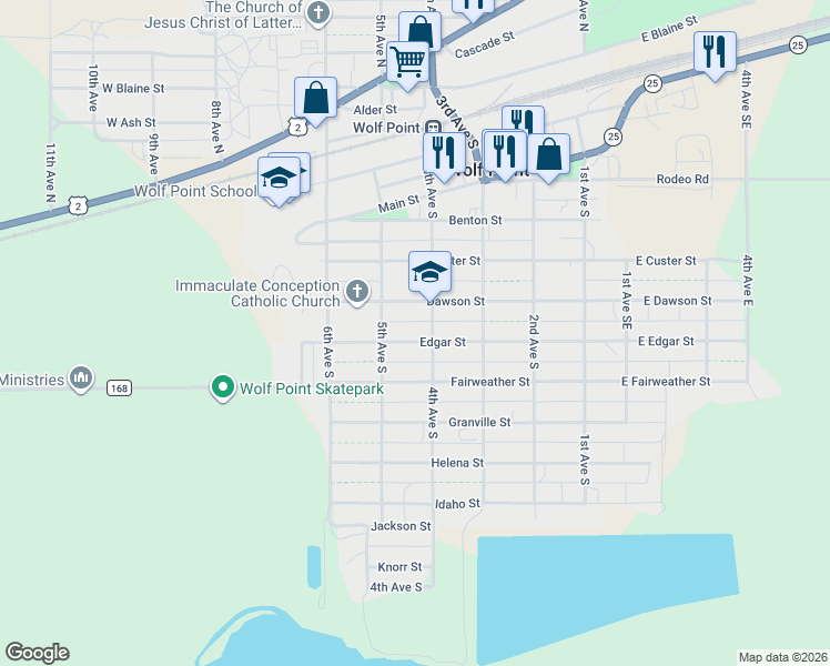 map of restaurants, bars, coffee shops, grocery stores, and more near 417 Dawson Street in Wolf Point