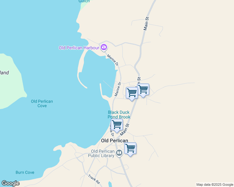 map of restaurants, bars, coffee shops, grocery stores, and more near Marine Drive in Old Perlican