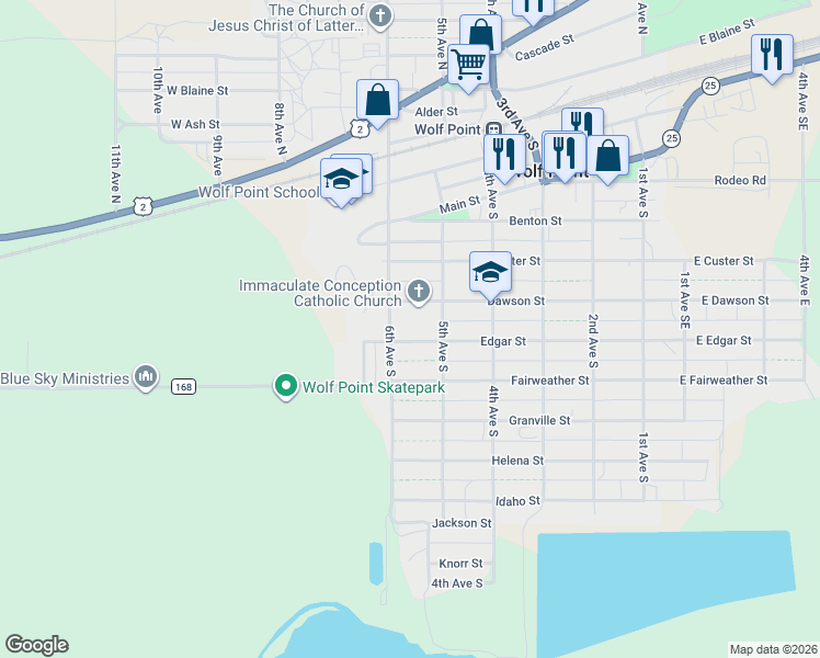map of restaurants, bars, coffee shops, grocery stores, and more near 531 Dawson Street in Wolf Point