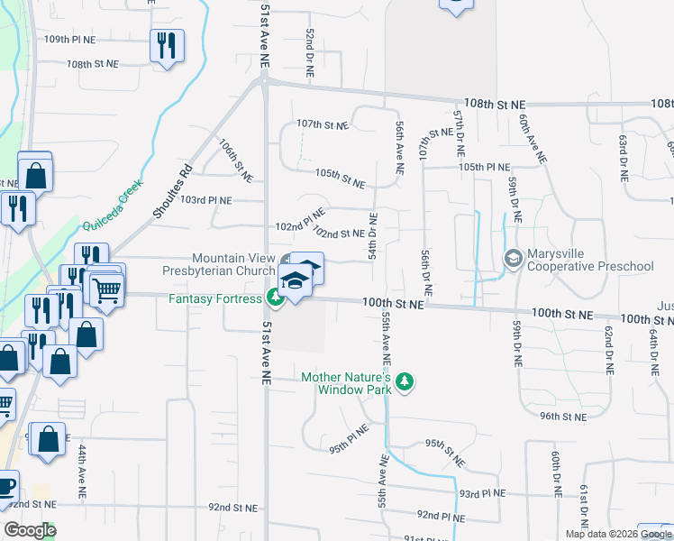 map of restaurants, bars, coffee shops, grocery stores, and more near 5401 101st Place Northeast in Marysville