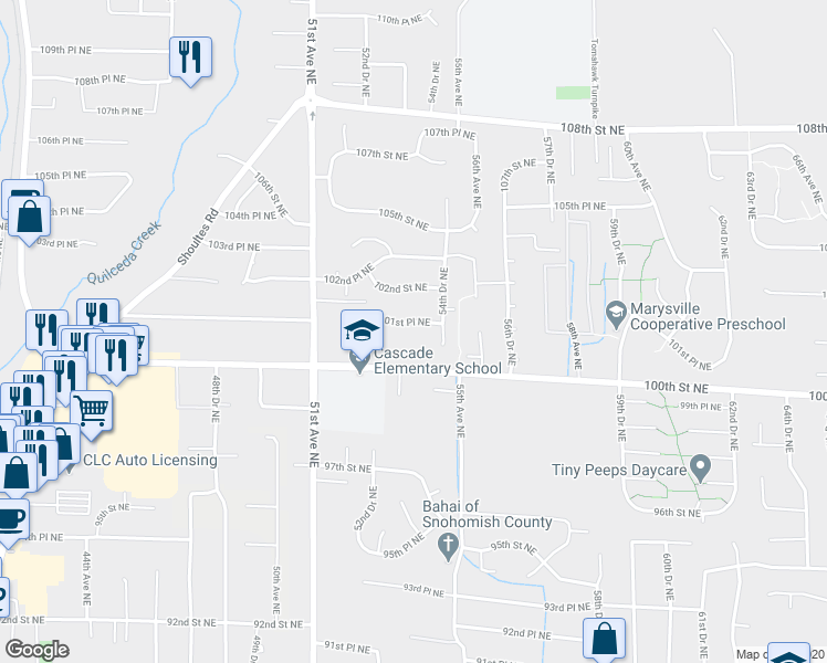 map of restaurants, bars, coffee shops, grocery stores, and more near 5408 101st Place Northeast in Marysville